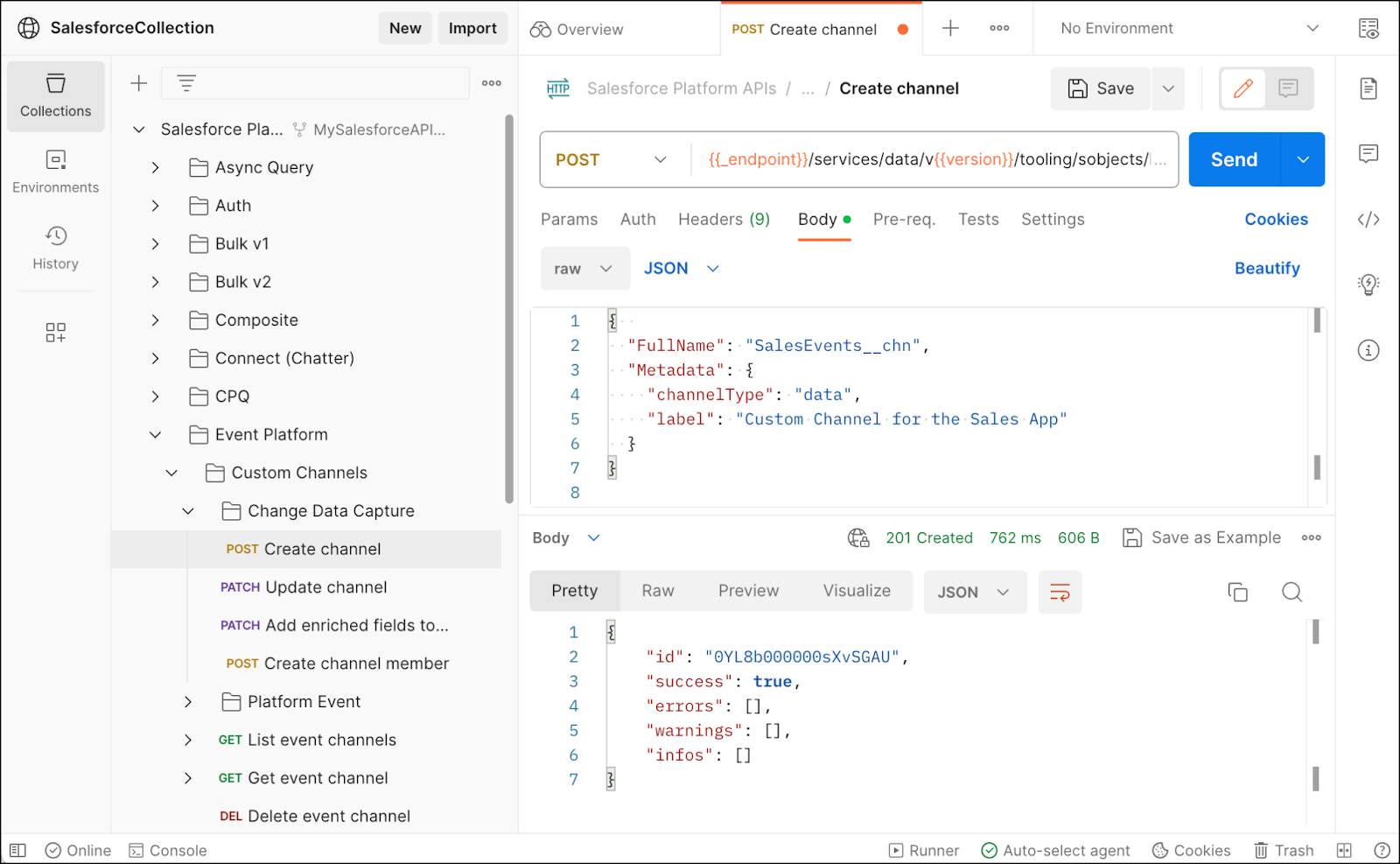 The request and response to create a channel in Postman.