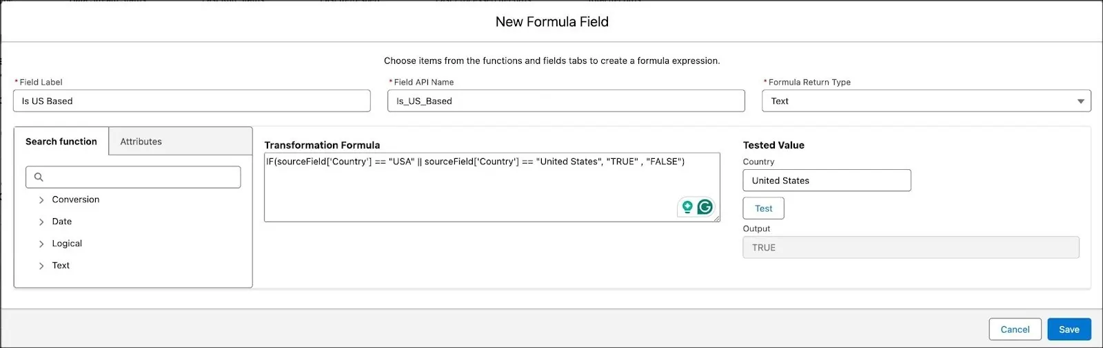 New formula field screen