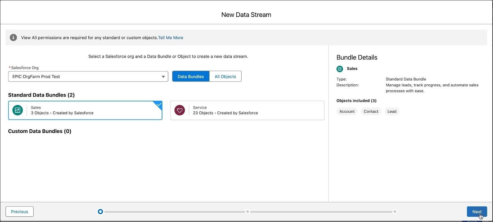 New Data Stream screen with the Sales Data Bundle selected