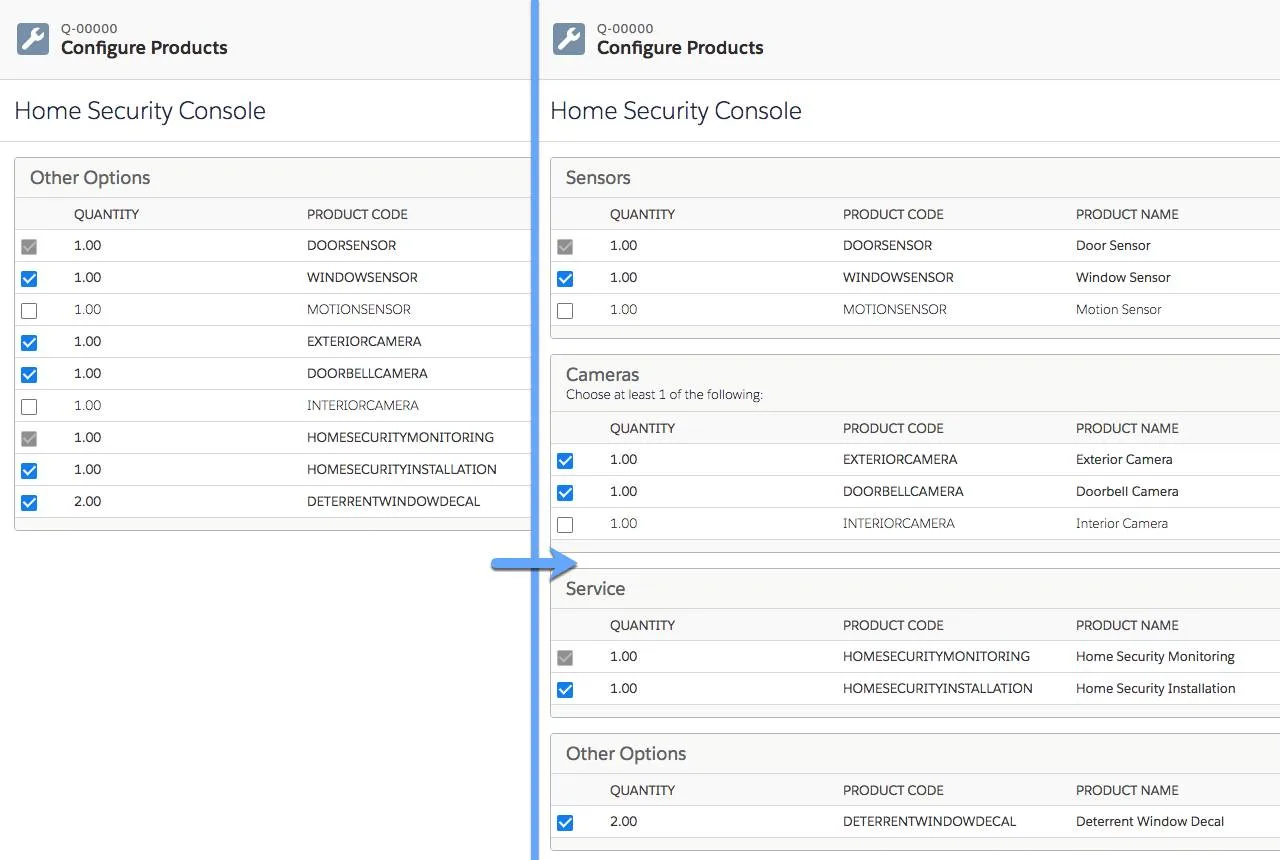 Comparison of Configuration page with and without features