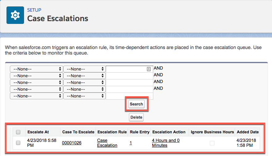 Case Escalation page showing the Search button and a recently added case.