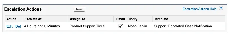 Escalation Rules page showing the escalation actions for the new rule.