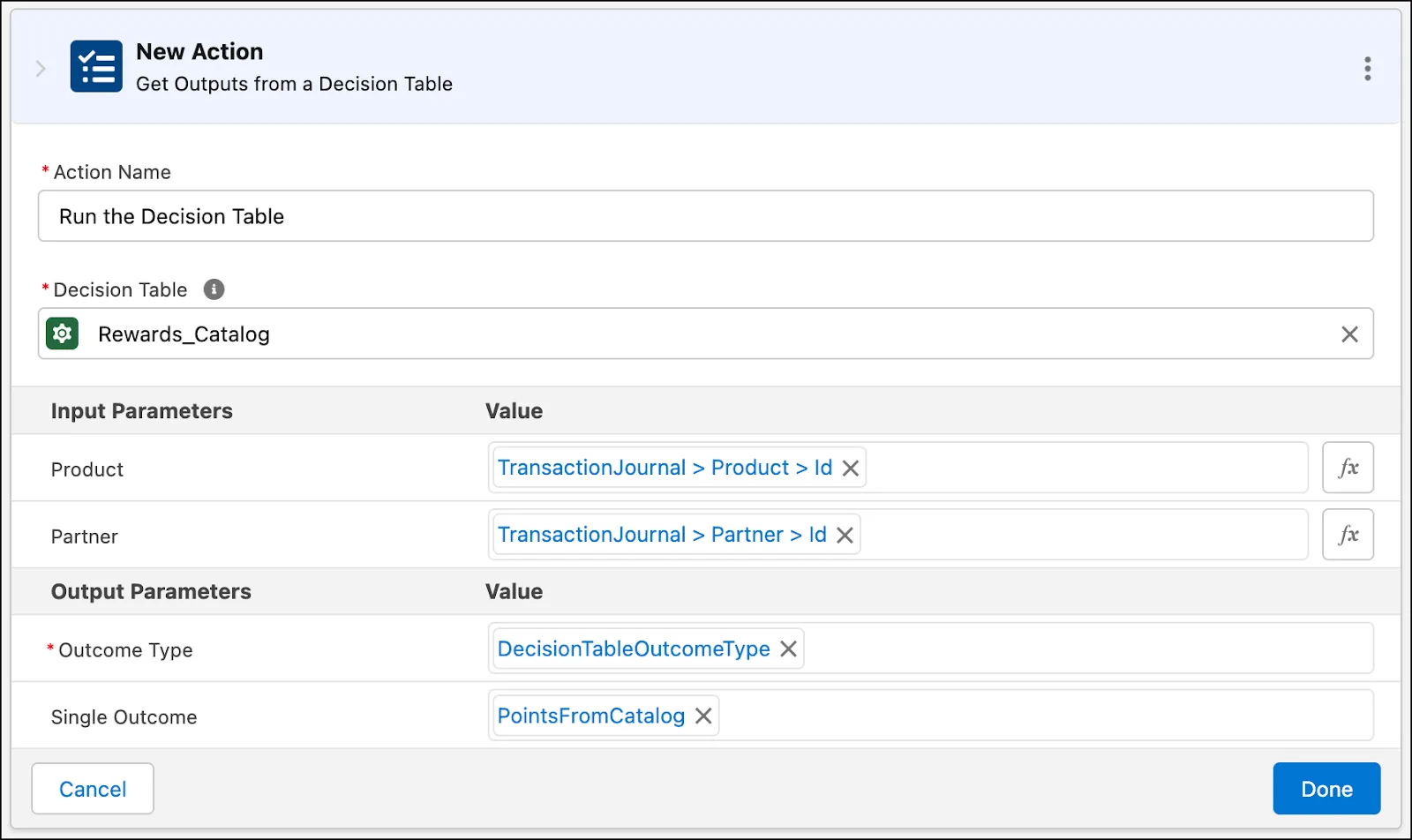 The New Action window where you provide the input and output parameters to run the decision table.