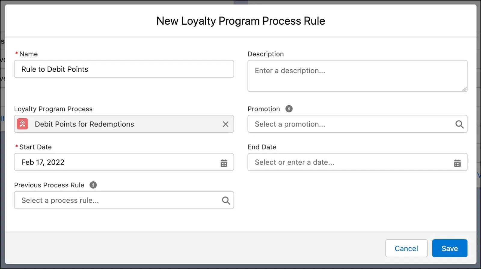 The New Loyalty Program Process Rule window where you provide the name for the rule and associate it with a promotion, if required.