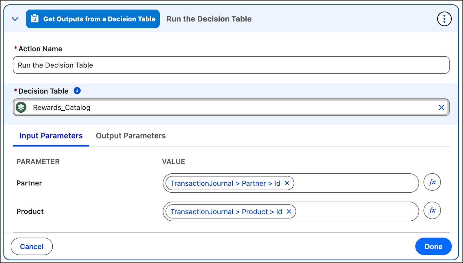 The New Action window where you provide the input and output parameters to run the decision table.