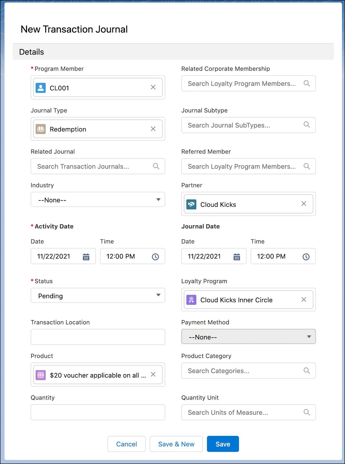 The New Transaction Journal window where you manually create a transaction journal.