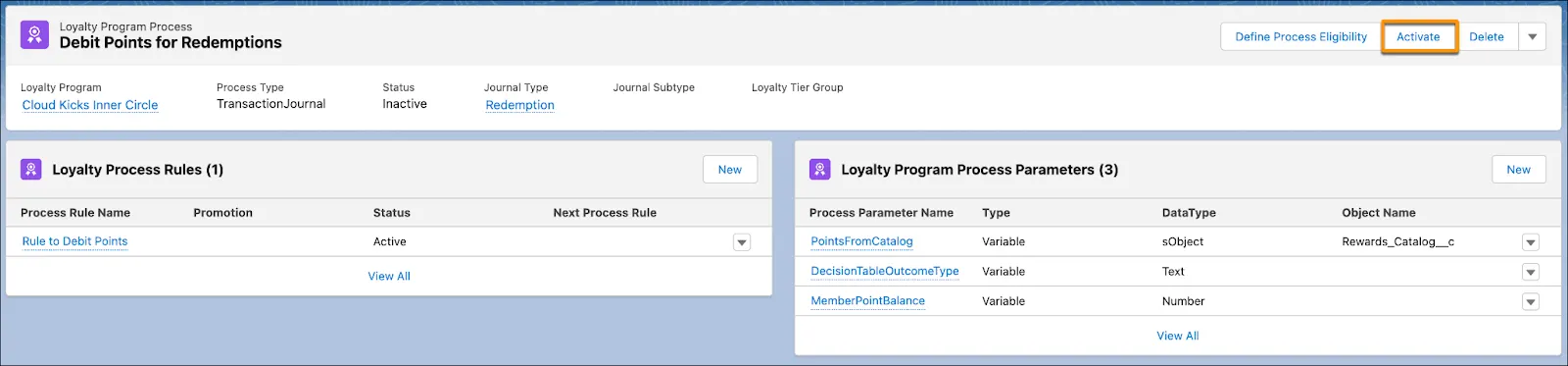 The Debit Points for Redemptions record page with a view of the rules and parameters