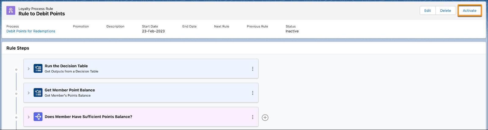 The Rule to Debit Points record page with all the conditions and actions required to process redemption-type transactions.