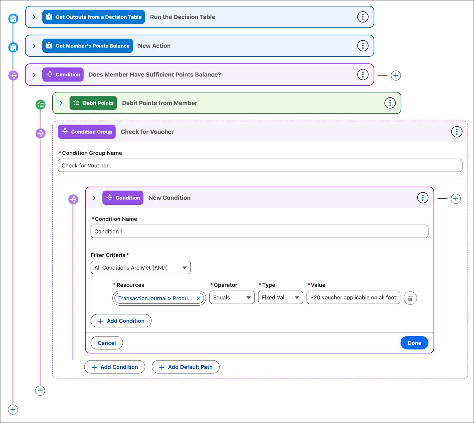 The Condition Group window where you create a condition group to check if a voucher is applicable.