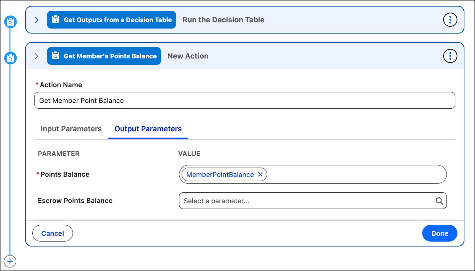 The New Action window where you provide the inputs to get a member’s points balance.