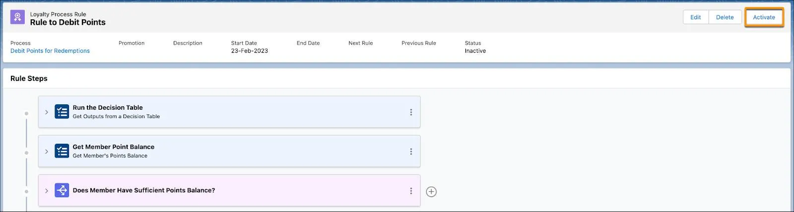 The Rule to Debit Points record page with all the conditions and actions required to process redemption-type transactions.