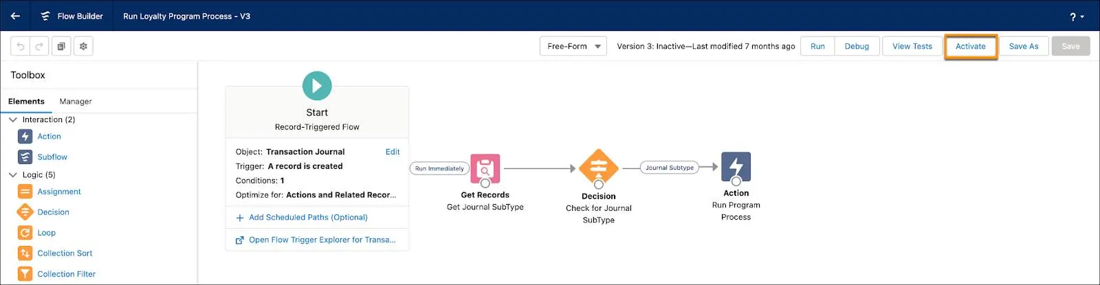 The Flow Builder page where you activate the flow.