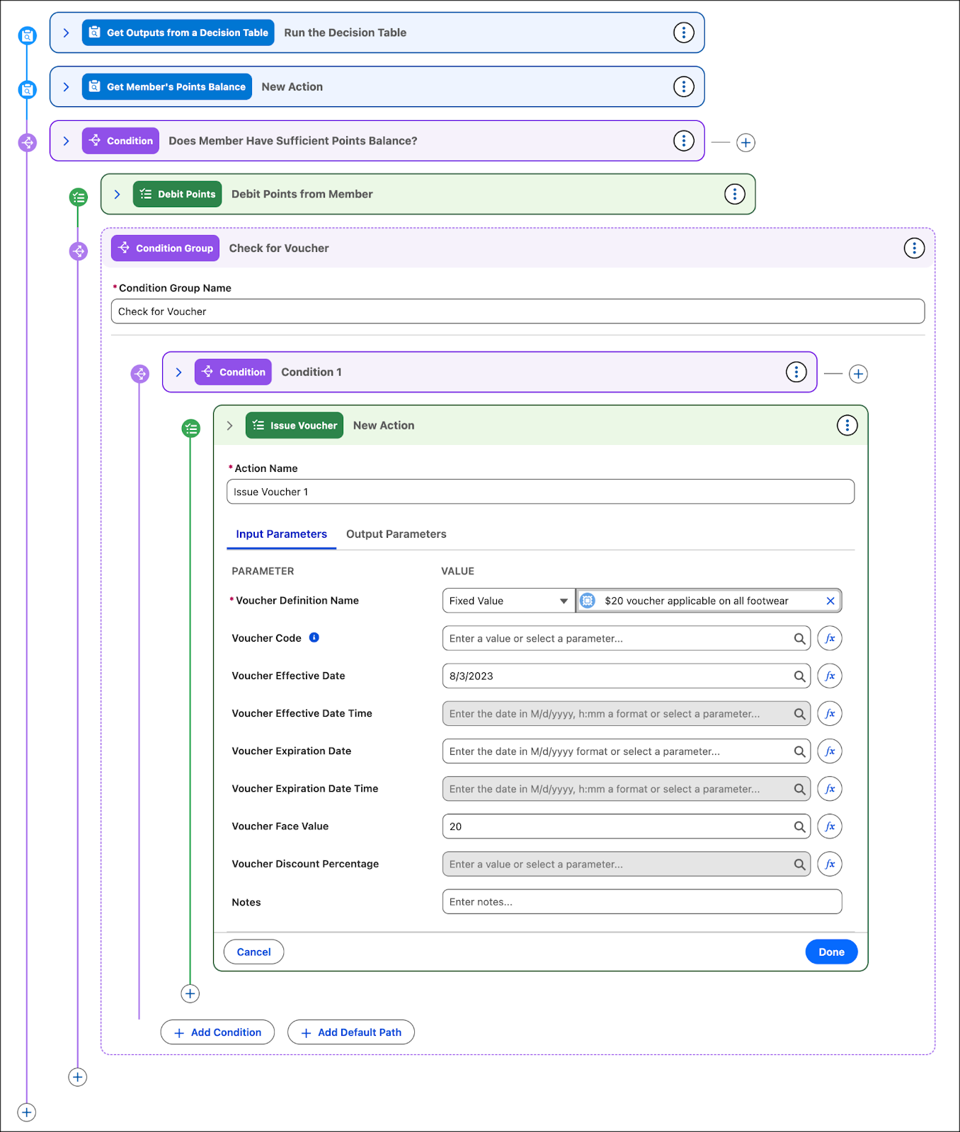 The Condition Group window where you create an action to issue a voucher if a condition is met.