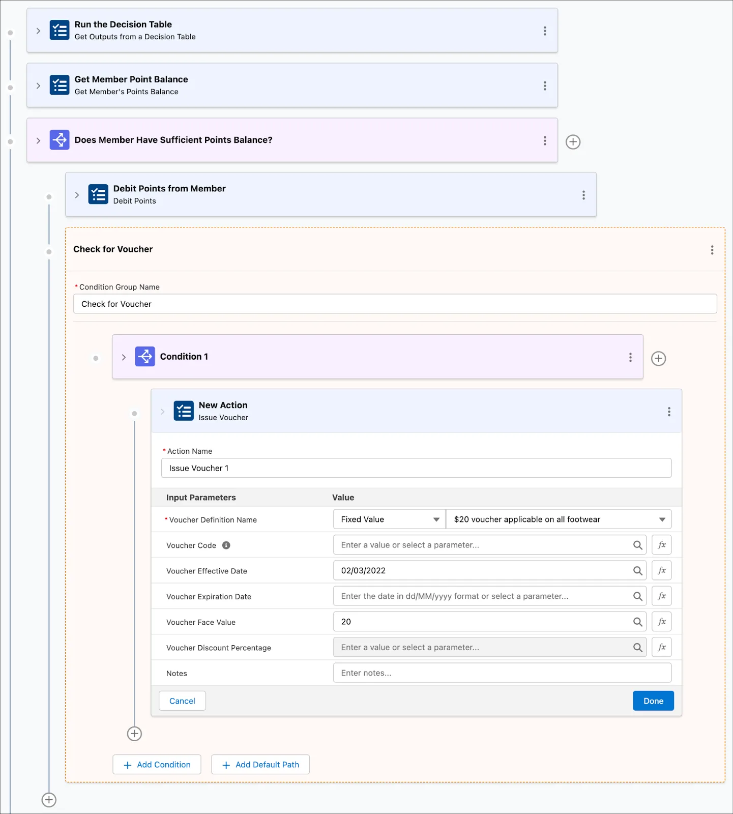 The Condition Group window where you create an action to issue a voucher if a condition is met.