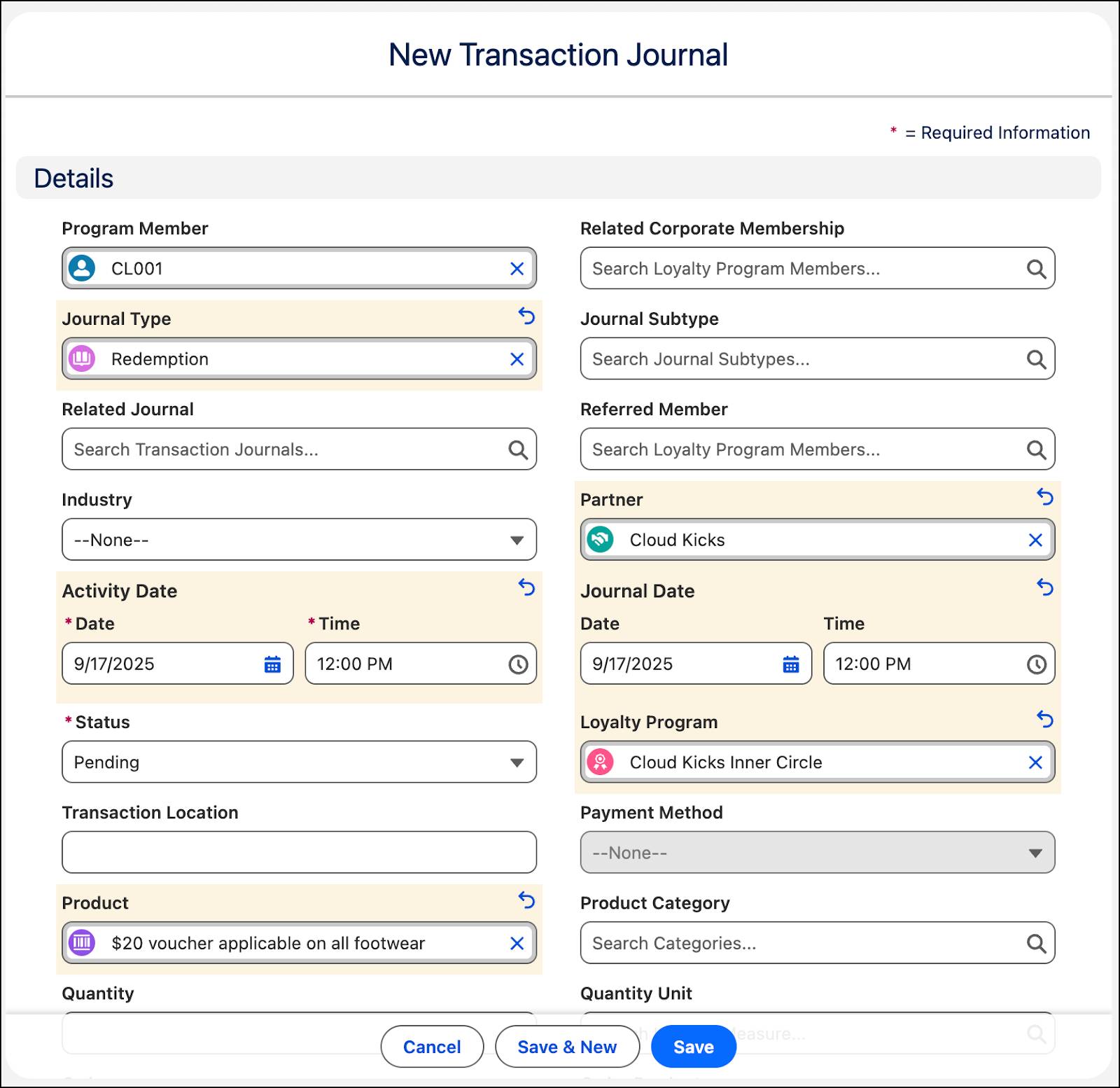 The New Transaction Journal window where you manually create a transaction journal.