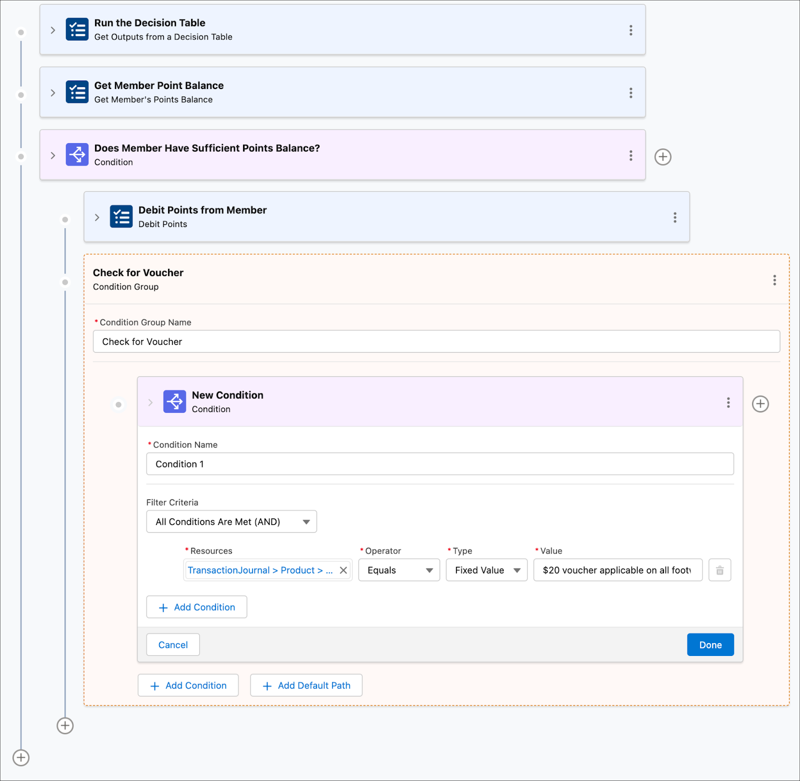 The Condition Group window where you create a condition group to check if a voucher is applicable.