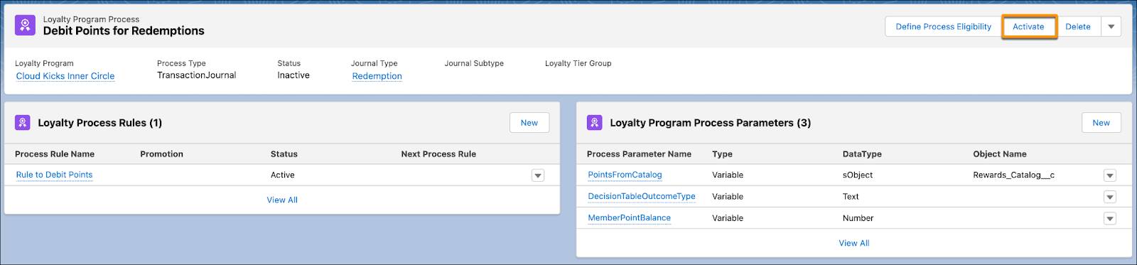 The Debit Points for Redemptions record page with a view of the rules and parameters