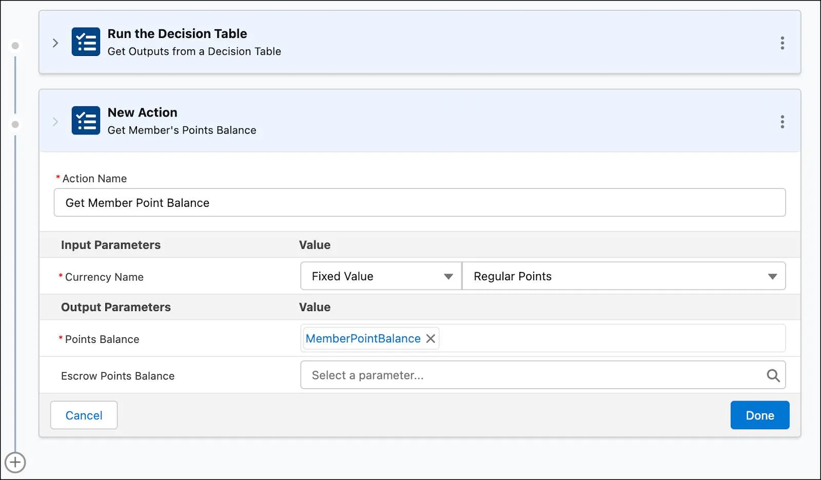 The New Action window where you provide the inputs to get a member’s points balance.