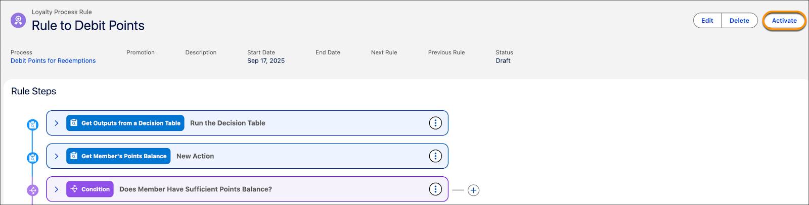 The Rule to Debit Points record page with all the conditions and actions required to process redemption-type transactions.