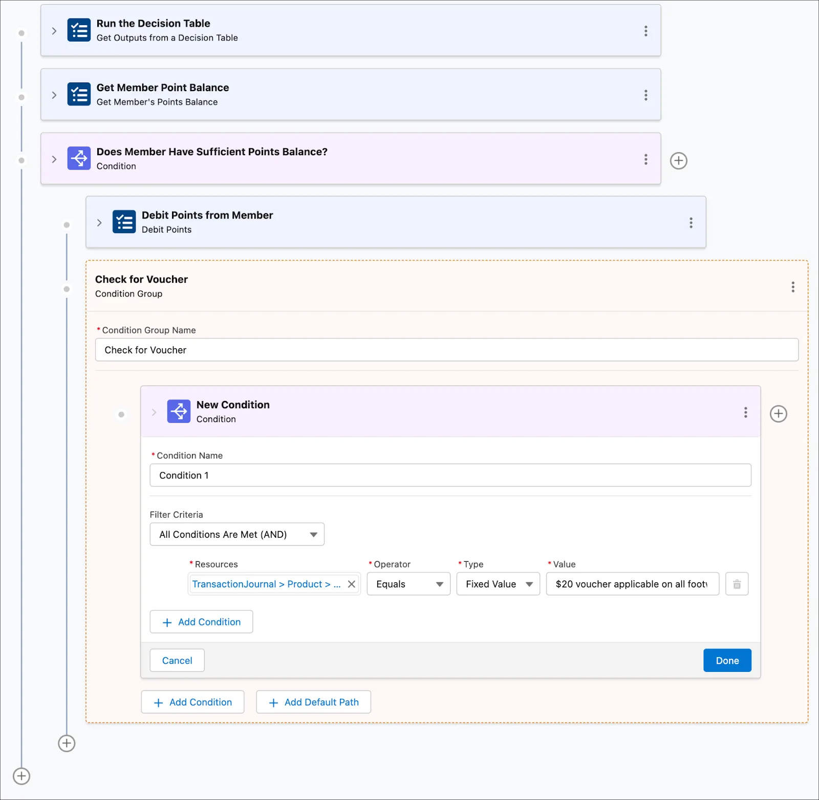 The Condition Group window where you create a condition group to check if a voucher is applicable.