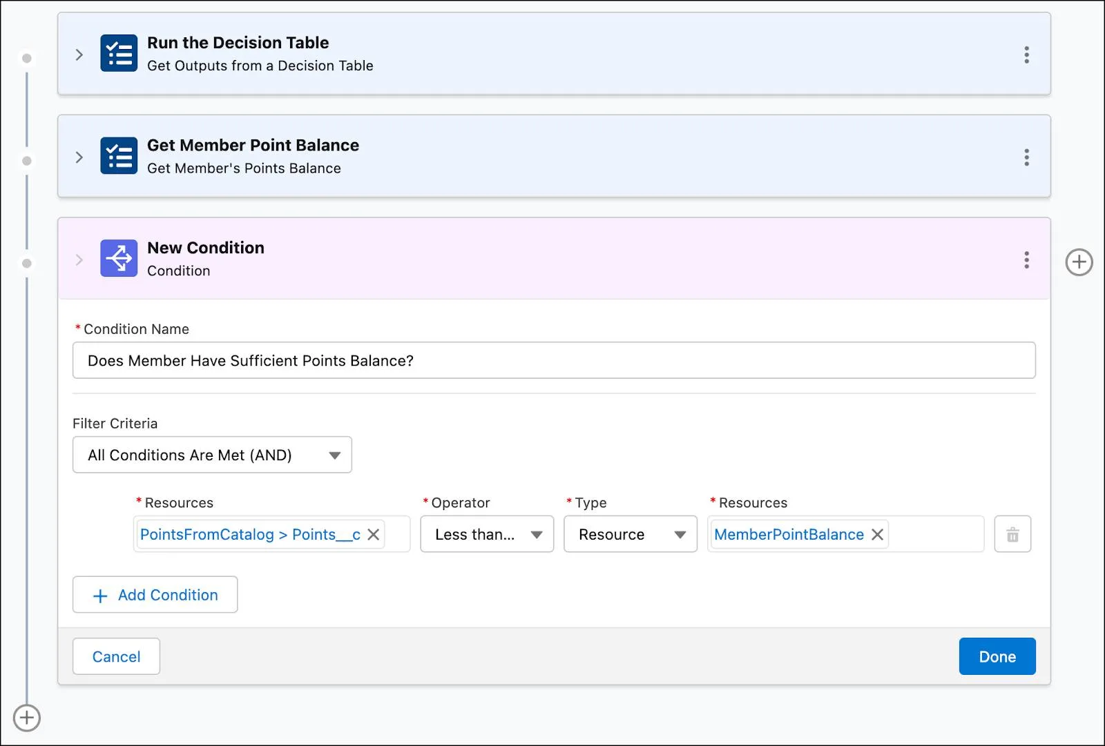 The New Condition window where you define the filter criteria to check if a member has sufficient points for redemption.