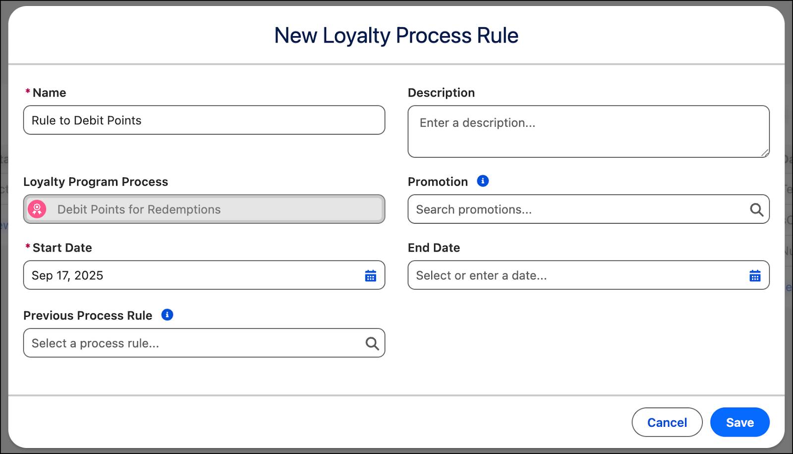 The New Loyalty Program Process Rule window where you provide the name for the rule and associate it with a promotion, if required.
