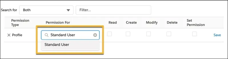 The Standard User is displaying in the Permissions For search bar.