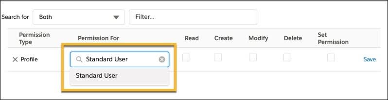 The Standard User is displaying in the Permissions For search bar.