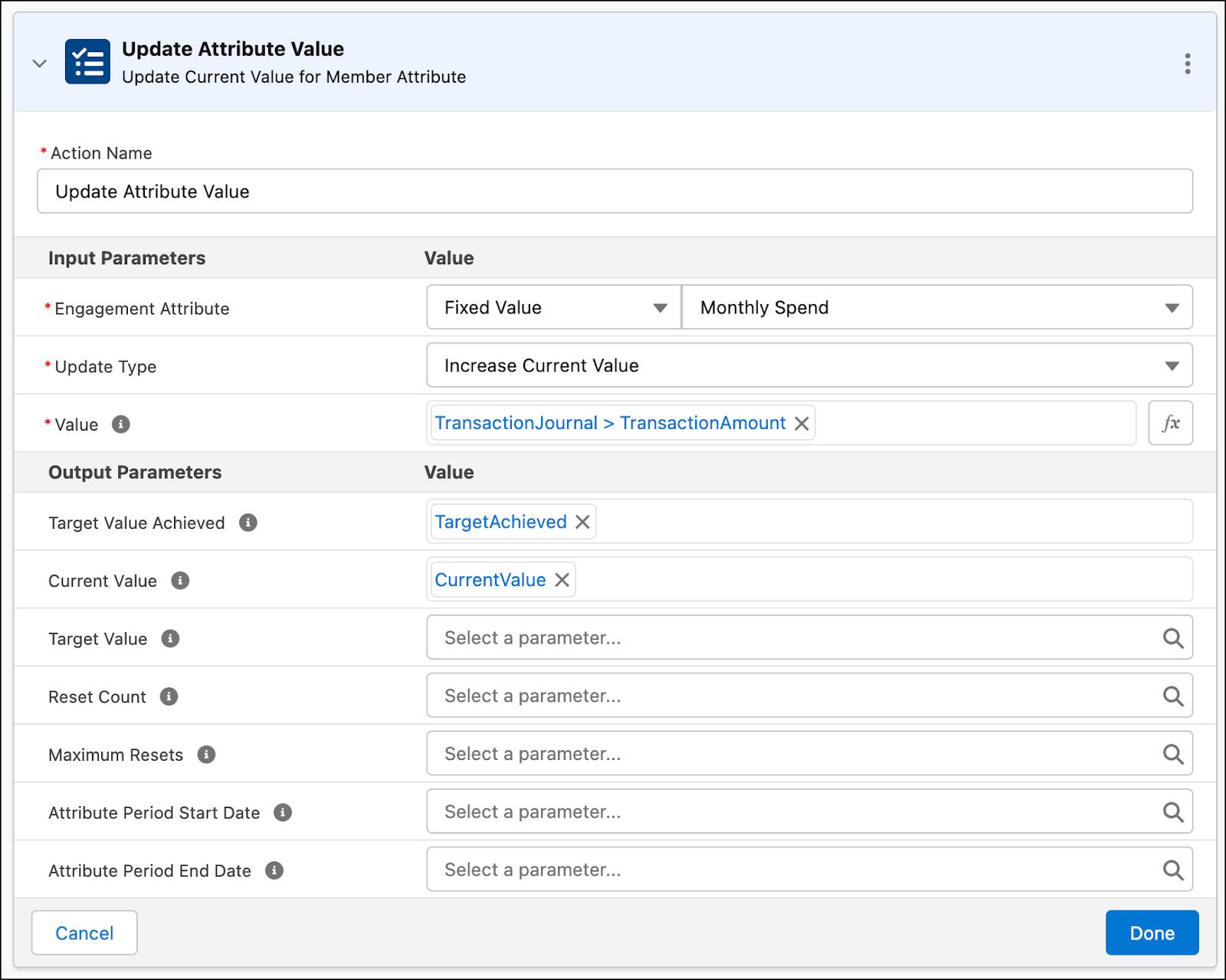  The New Action window where you provide the details to update the attribute value