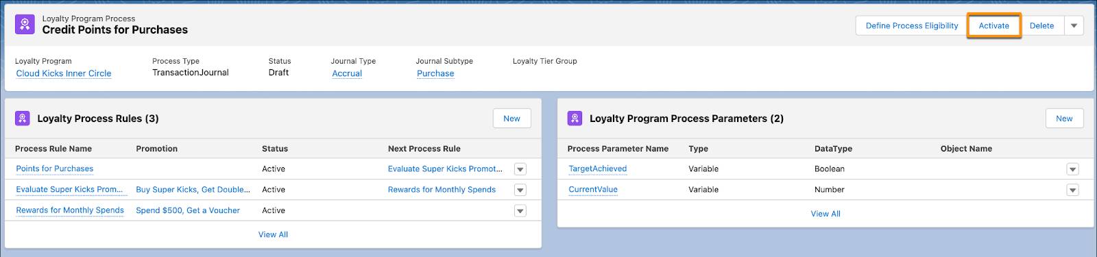 The Loyalty Program Process page where you activate the process.