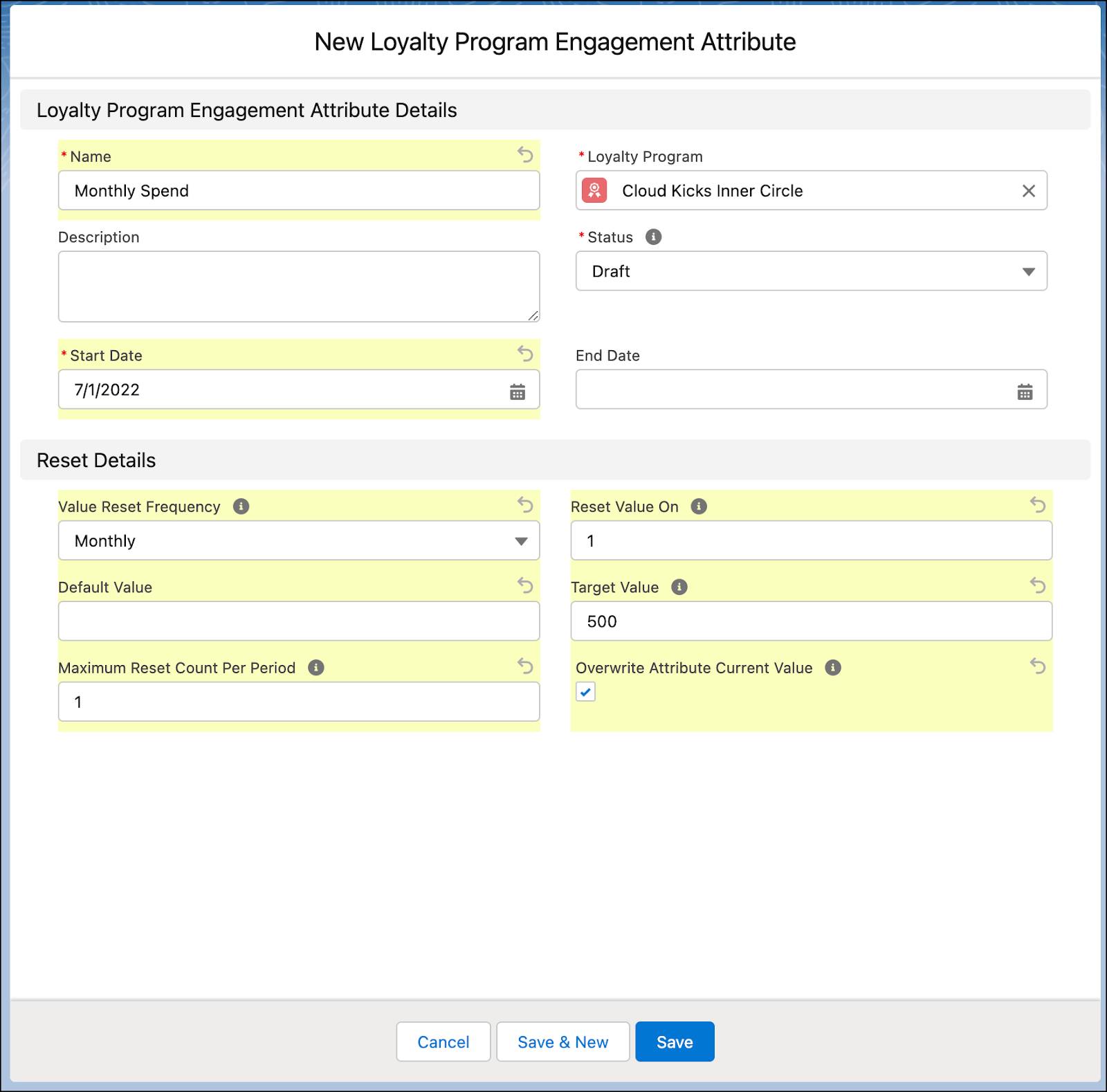 The New Loyalty Program Engagement Attribute window where you define the engagement properties for a promotion