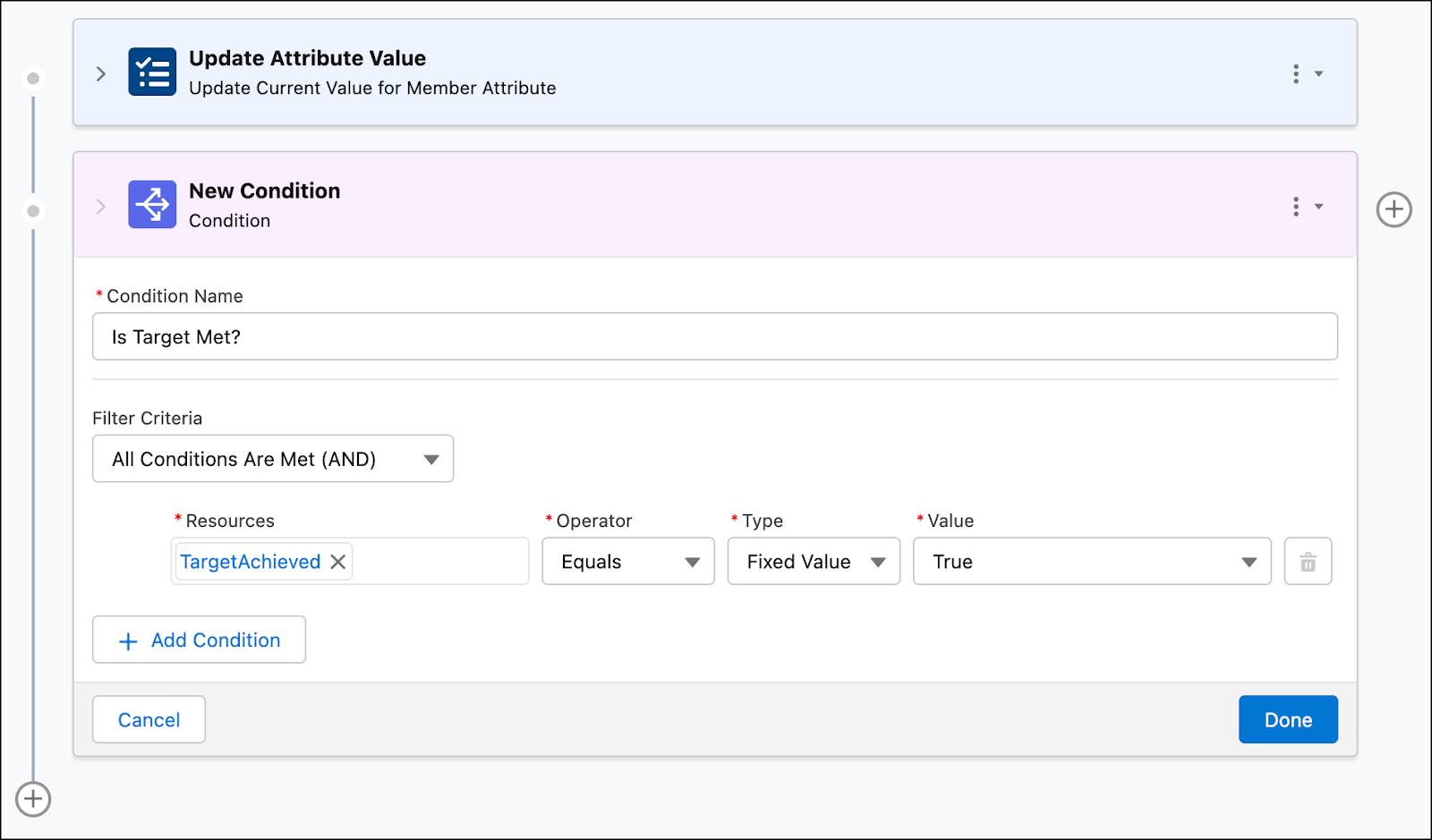 The New Condition window where you define the filter criteria to check if the target is met