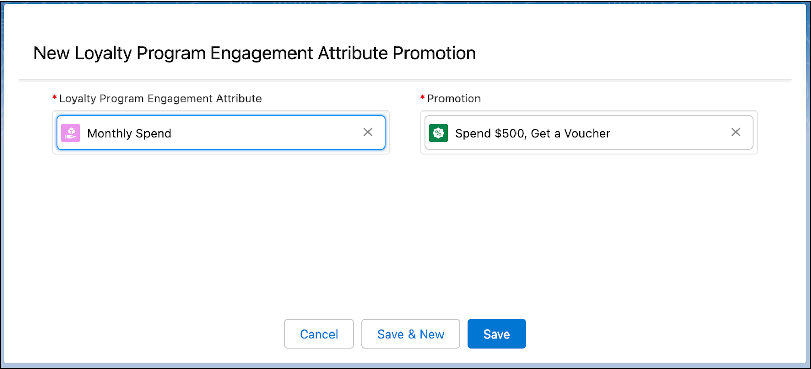 The New Loyalty Program Engagement Attribute Promotion window where you associate an engagement attribute with a promotion