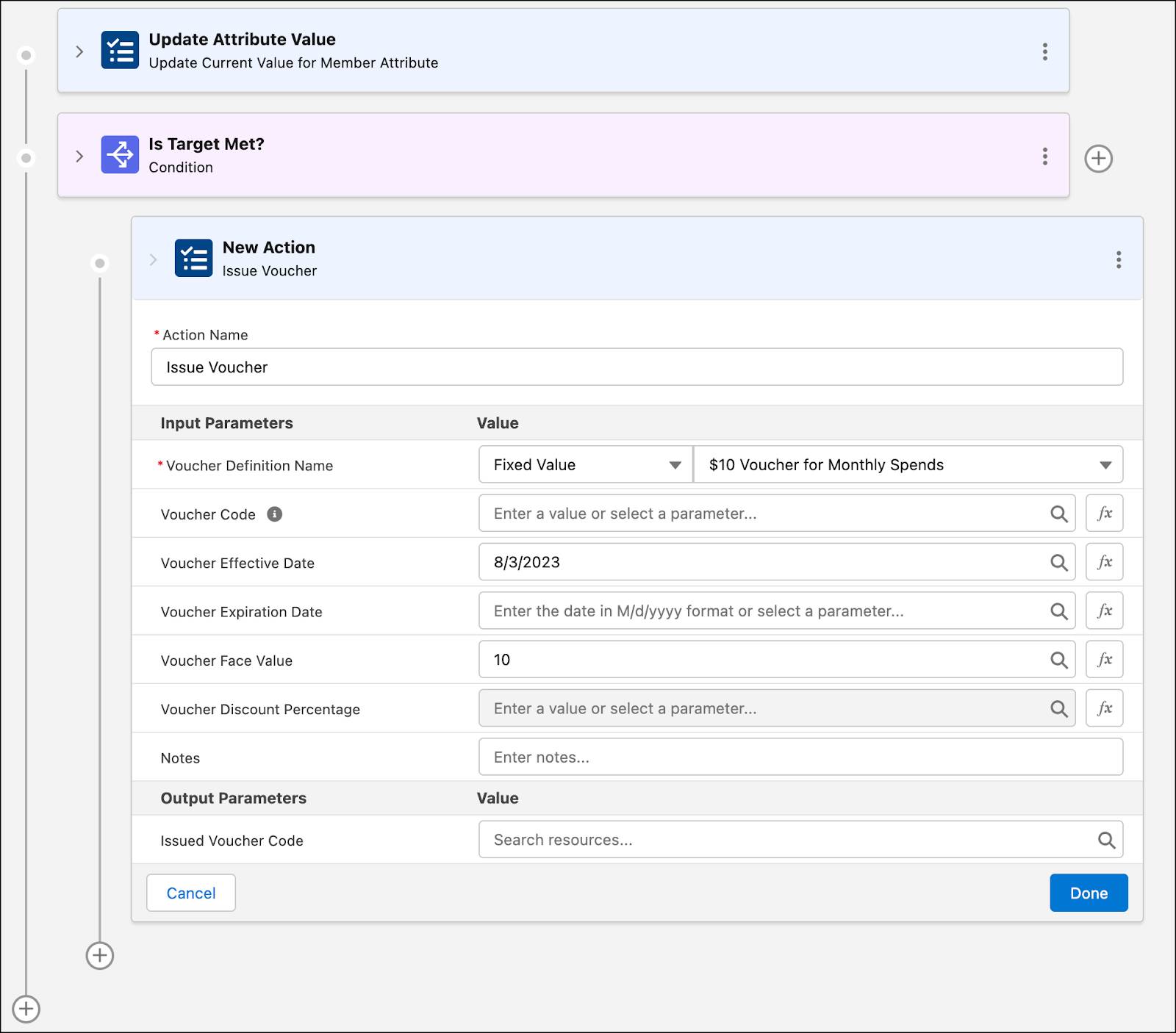 The Issue Voucher window where you add the Issue Voucher action to a condition.