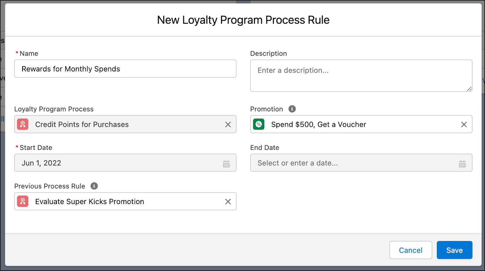 エンゲージメント属性関連ルールを作成する [New Loyalty Program Process Rule (新規ロイヤルティプログラムプロセスルール)] ウィンドウ