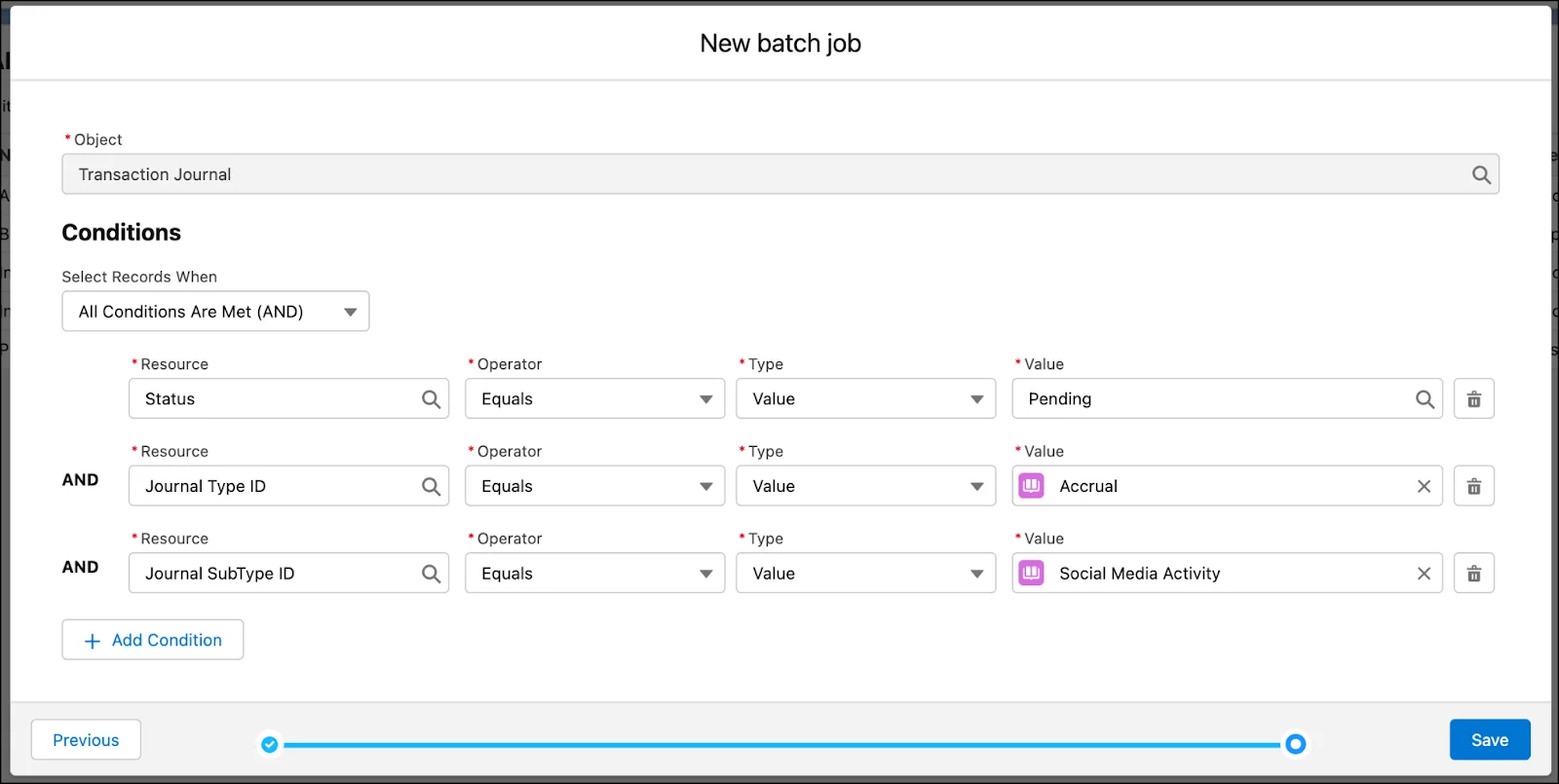 The New batch job page where you add the conditions for a job