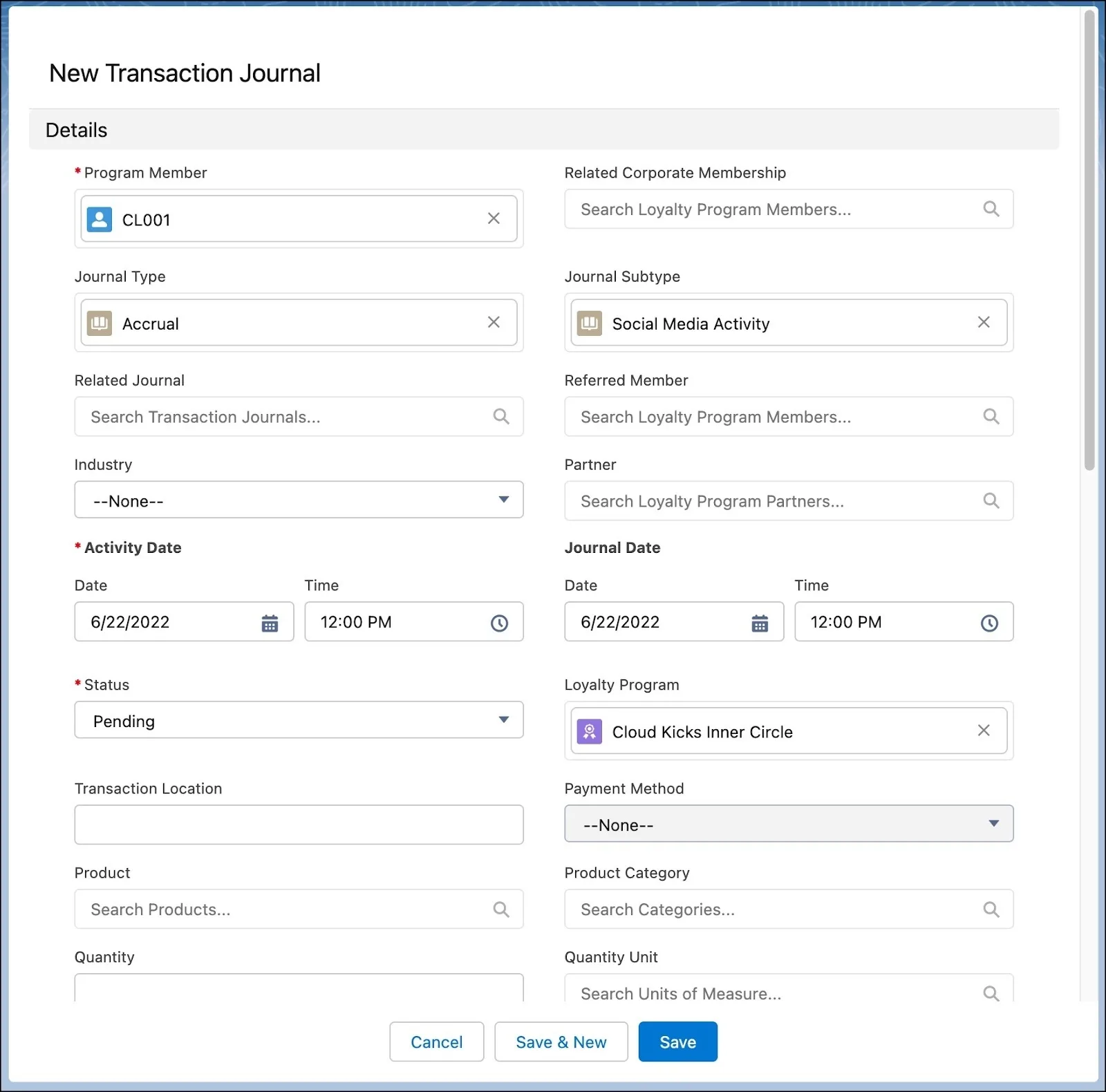 The New Transaction Journal window where you manually create a transaction journal for social media engagement