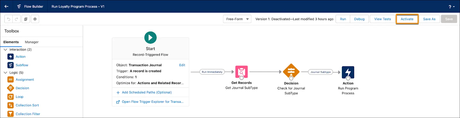 The Flow Builder page where you activate the flow.