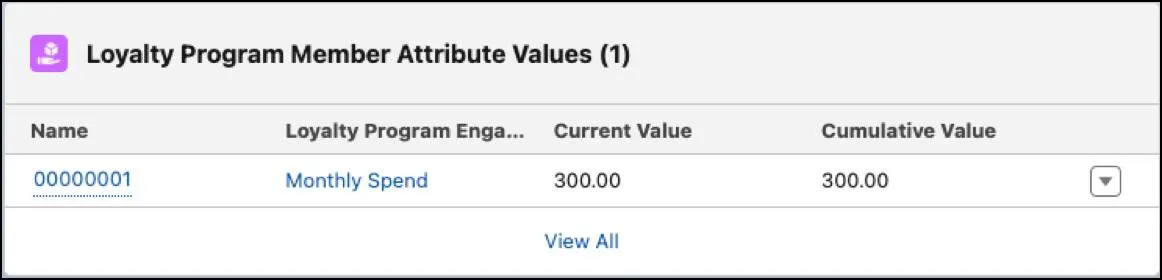 The Loyalty Program Member Attribute Values card where you can track the progress for an engagement attribute
