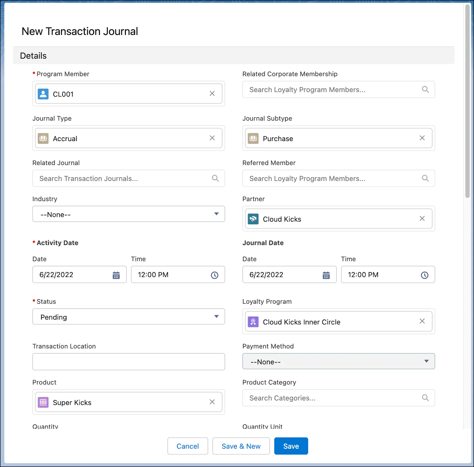 The New Transaction Journal window where you manually create a transaction journal