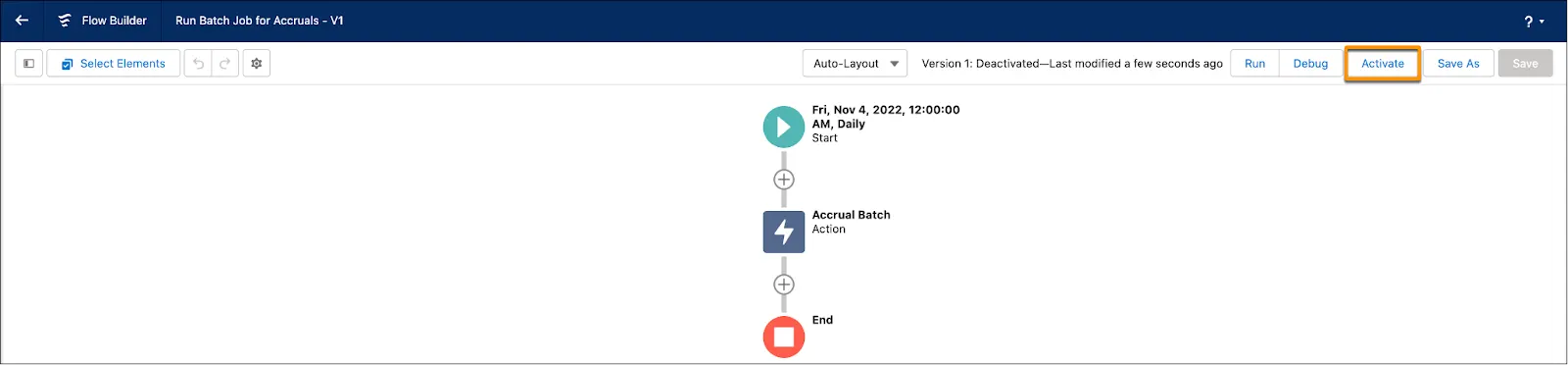 The Flow Builder page where you activate the flow