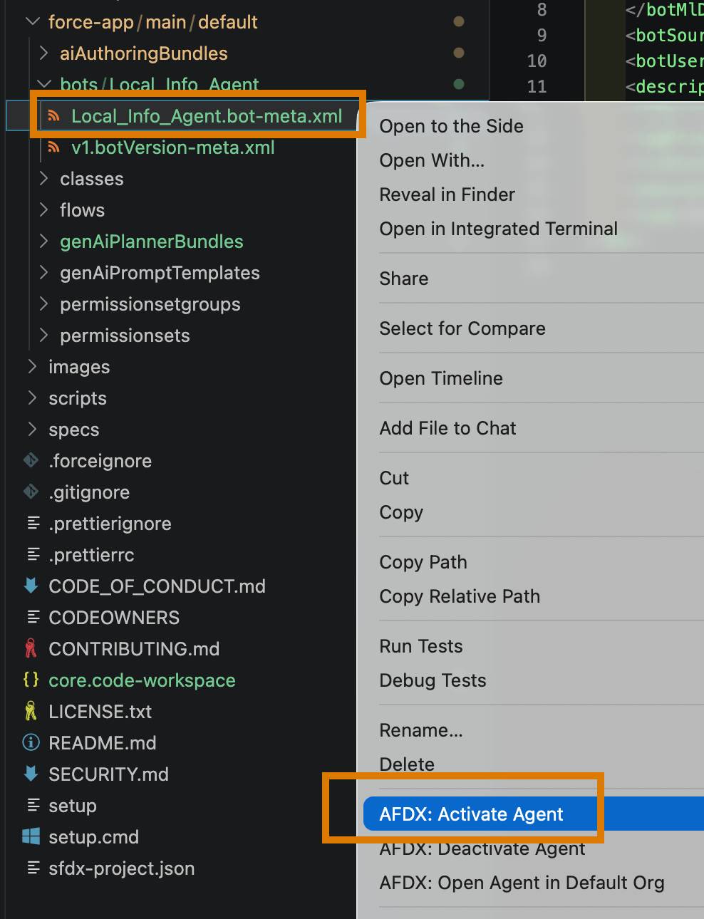 VS Code showing a context menu (right-click) from the v1.botVersion-meta.xml file with the AFDX: Activate Agent option highlighted.