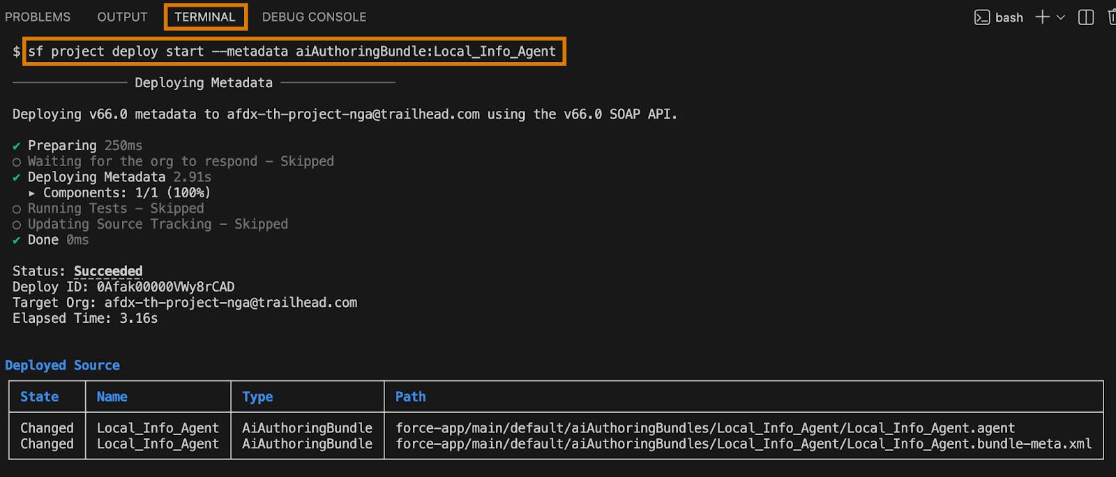 VS Code terminal showing the “sf project deploy start” command to deploy the Local_Info_Agent authoring bundle.