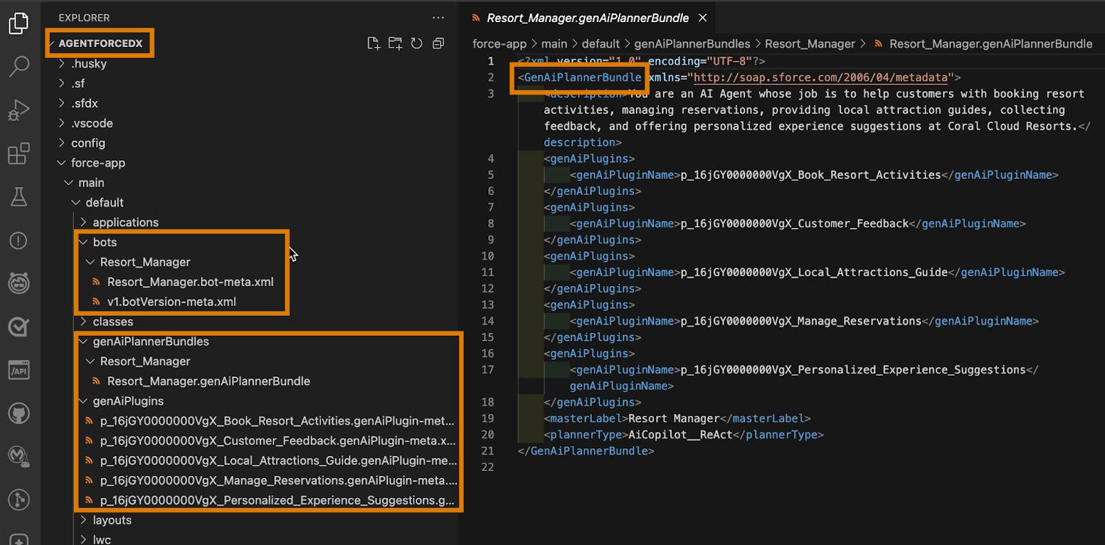 VS Code highlighting the agent-related metadata components in the file explorer on the left, and an open GenAiPlannerBundle metadata XML file in the file editor on the right.