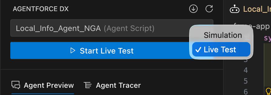 VS Code showing buttons for starting a live preview test.