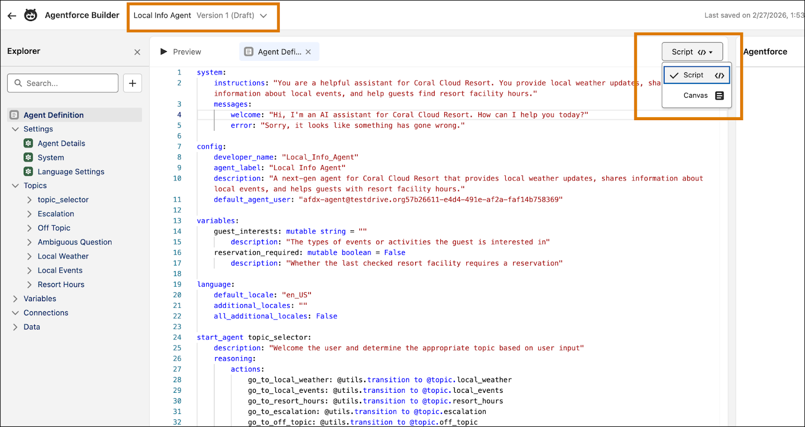 Agentforce Builder open to the Local Info Agent, with Version 1 (Draft) highlighted. The dropdown to change from Canvas to Script view is also highlighted.