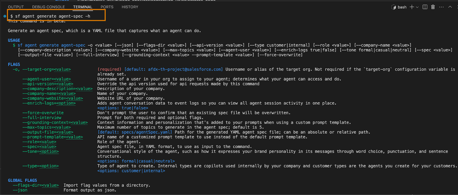 VS Code’s integrated terminal showing the output of the “sf agent generate agent-spec -h” CLI command.