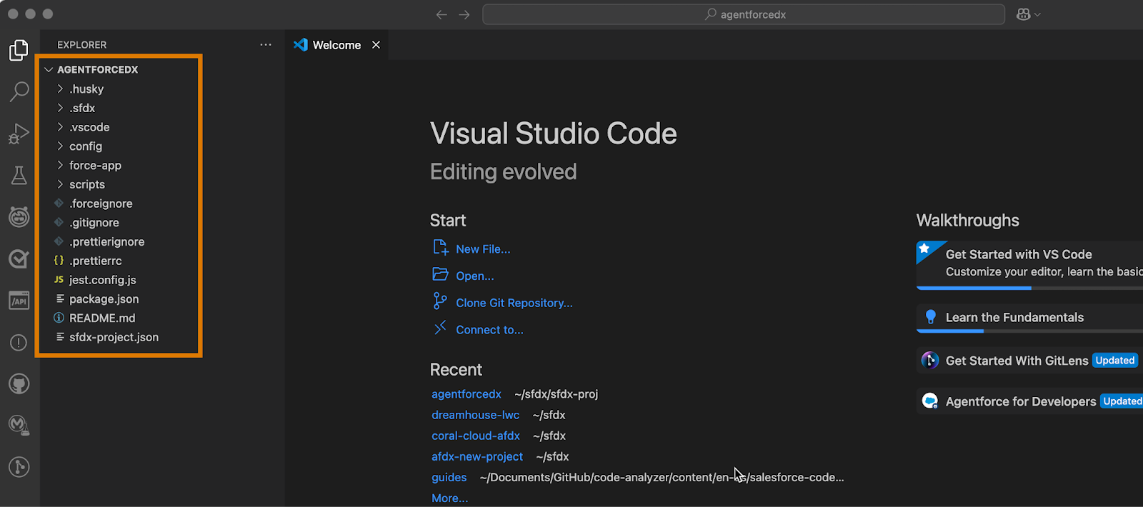 Visual Studio Code showing a Salesforce DX project called “agentforcedx” open in the explorer panel.