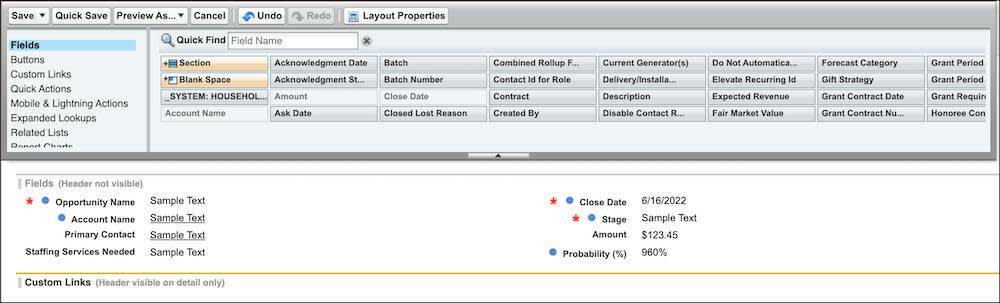 In the first column is Opportunity Name, Account Name, Primary Contact, and Staffing Services Needed. In the second column is Close Date, Stage, Amount, and Probability (%).