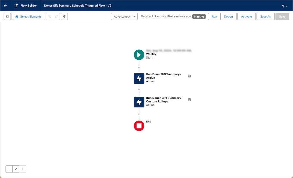 The Flow Builder canvas includes both Data Processing Engine Actions between start and end.